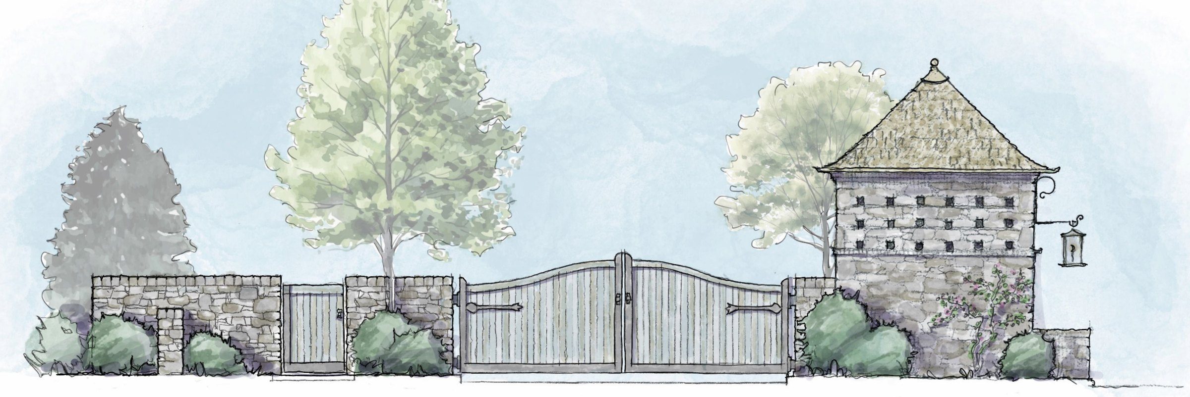 Watercolor concept of the stone-walled, gated entry to Crews